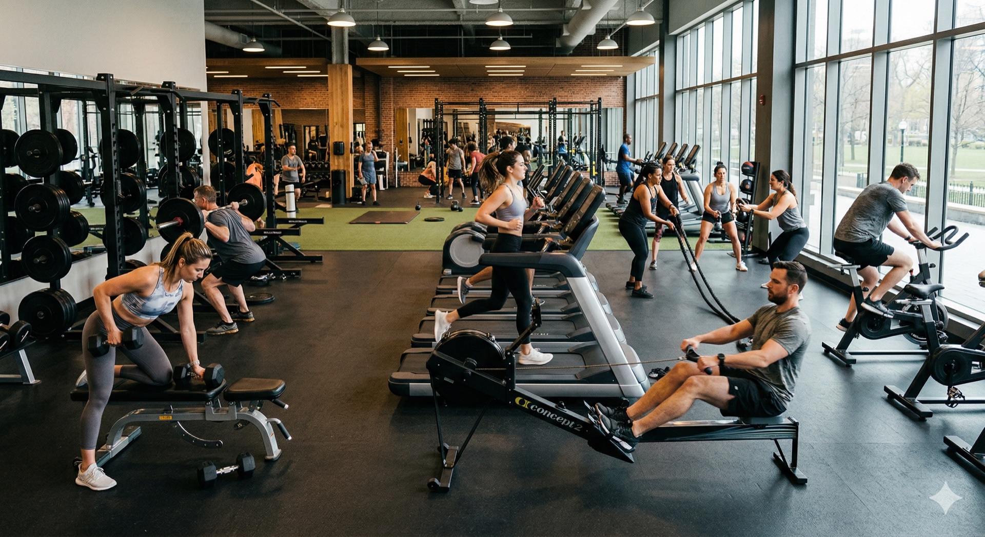 Gym floor with members training on various equipment