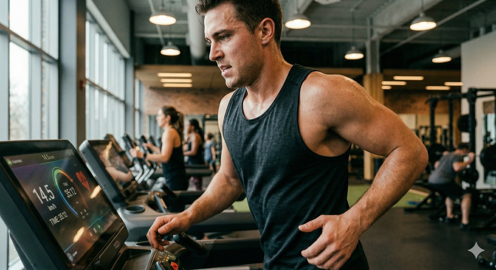Focused member training on treadmill in modern gym