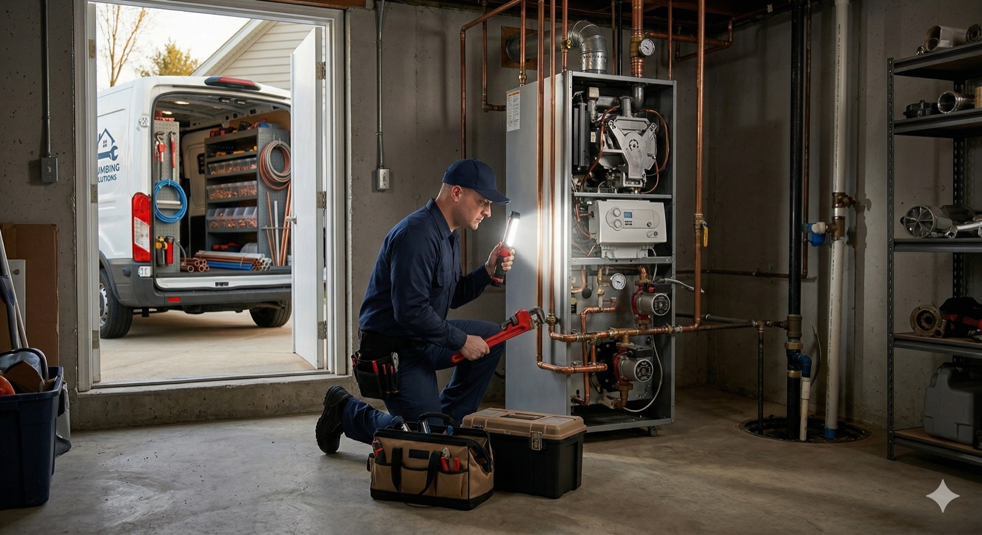 Licensed plumber inspecting water heater equipment